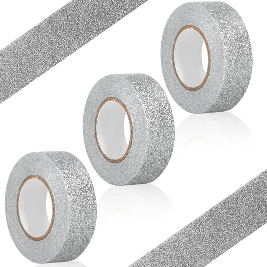 Glitter Washi Tape 3 Rolls Sparkling Decorative Tapes Silver Glitter Washi Tape Craft Self Adhesive Masking Tape Stick on Sticky Glitter Trim for Craft, Kids, Scrapbook, DIY, Gift Wrapping, 15mm