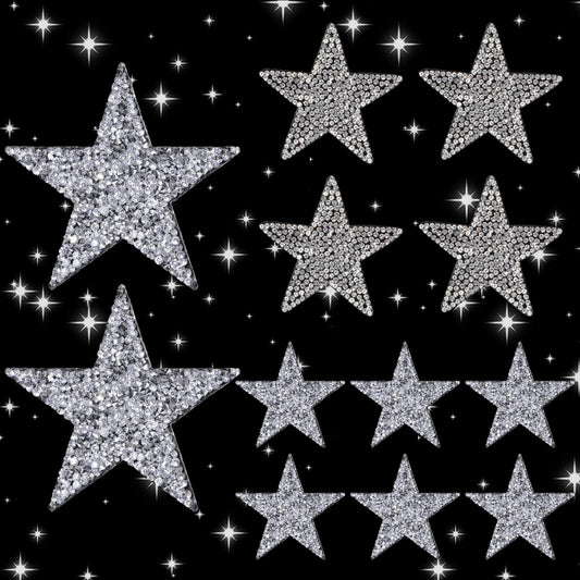 12Pcs Iron on Stars Patches Applique Silver Stars Glitter Crystal Patches Rhinestone Stickers Adhesive Sequin Vintage Patch Fabric Patch for DIY Clothing,Jeans,Jackets,Caps,Dress,Bag,Party,Concert