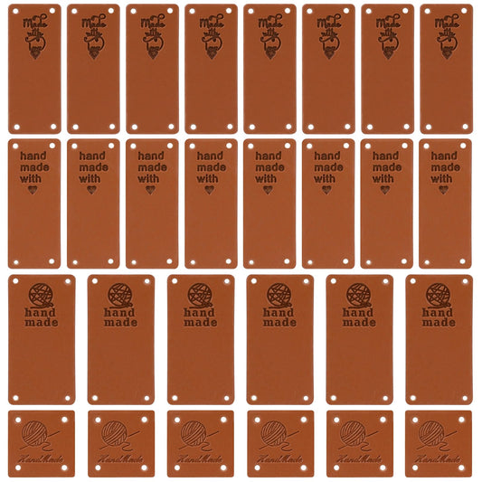 100pcs Handmade Leather Labels, 4 Brown Patterns PU Leather Tags Hand Made Faux Leather Crochet Tags Sew on Labels Embossed Tags with Holes for DIY Crafts, Knitting, Crocheting, Sewing, Jeans, Shoes