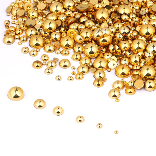 1000pcs Imitation Gold Pearls 2-8mm Half Ball Flatback Pearl Beads for Nails, Round Half Beads for Craft DIY Gem Decorations