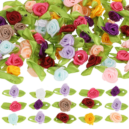 200 Pcs Multicolor Satin Roses with Green Leaves for Crafts Mini Roses for Crafts Small Satin Roses Tiny Artificial Fabric Flowers Ornament Applique for Wedding Bride Sewing Wrapping DIY Wreath Decor