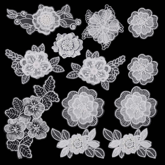 12 PCS Flower Applique White Lace Embroidered Flower Patches for Clothes 3D Floral Sew On Patches for Women's Dress Jeans Sweater Hats Shoes Bags Clothes Repairing Decorating Wedding DIY Sewing Craft