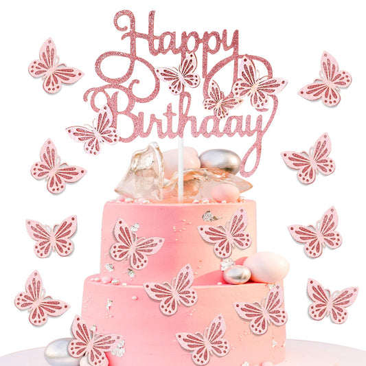 13 Pcs 3D Butterfly Cake Decorations Butterfly Cupcake Topper Happy Butterfly Cake Toppers for Girls Women Birthday Party Cake Decorations(Pink)