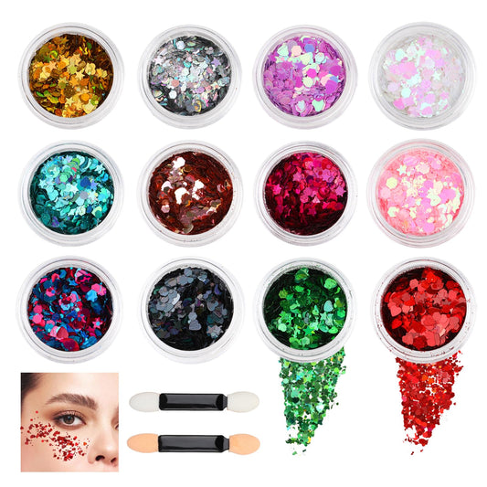 12 Jars Holographic Chunky Glitter, Iridescent Glitter Face Glitter Lasting Glitter Makeup Glitter for Crafts Mini Sequins Kit Craft Sequins for DIY Nail with 2 Sponge Makeup Brush(12 Colors 64g)