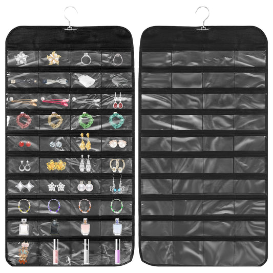 KALIONE Hanging Jewellery Organiser Display Stand, Double Sides 80 Clear Pockets Earring Hanger Earring Display Hanging Organizer Storage Holder Bag for Jewellery Earrings Necklaces (Black)