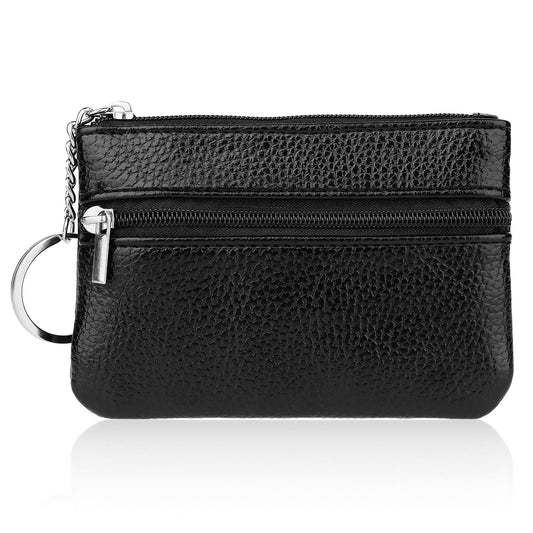 Mini Coin Purse Pu Leather Change Purse Pouch with Key Ring, Black Portable Change Wallet with Double Zipper, Black Mini Pocket Coin Purse for Women, Wallet Keychain