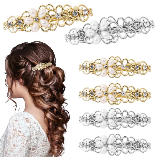 6Pcs Pearls Barrettes, Vintage Pearls Hair Clips, Rhinestone Hairpin Hair Barrettes, Flower Hair Barrettes Elegant Hair Clips, Hollow Flower Hair Pins for Women Girls (2.64 x 0.78 inches)