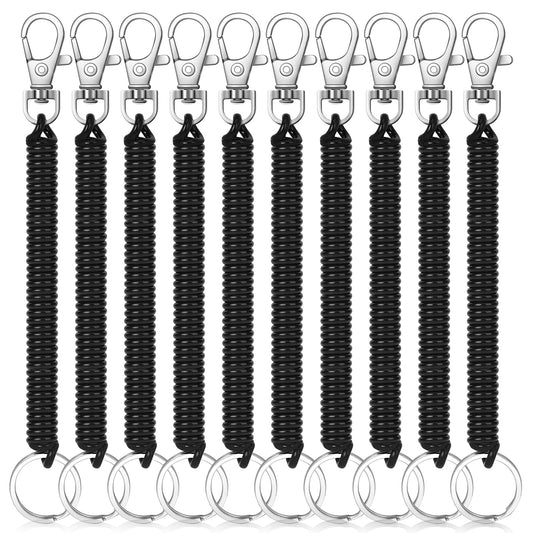 Mozeat Lens 10Pcs Stretchy Spiral Keyring with Clip Retractable Coil Springs Keychains Colourful Plastic Keychain Spring Key Holder for Work School Keys Wallet Cellphone ID Card Backpack, Black