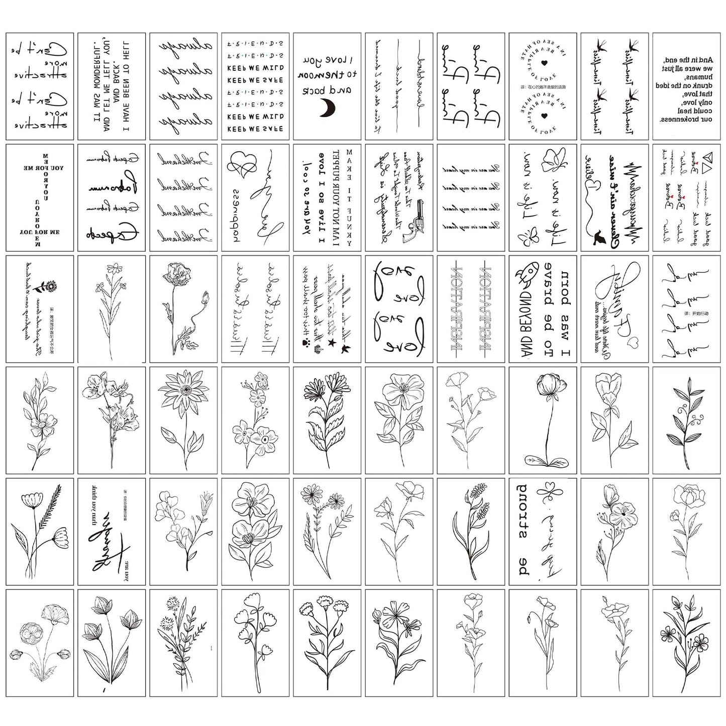 60 Sheets Realistic Temporary Tattoos 30 Pcs Wild Flower Floral Leaf Tattoo,30 Pcs Inspirational Words Tattoo Stickers Tiny Removable Tattoos for Women