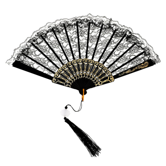 Lace Handheld Chinese Folding Fan, Embroidered Flowers Pattern Handheld Fans Bamboo Silk Folding Fan Handheld Chinese Vintage Style for Women Costume Weddings Dancing Party DIY Bridal Hand Fan, Black