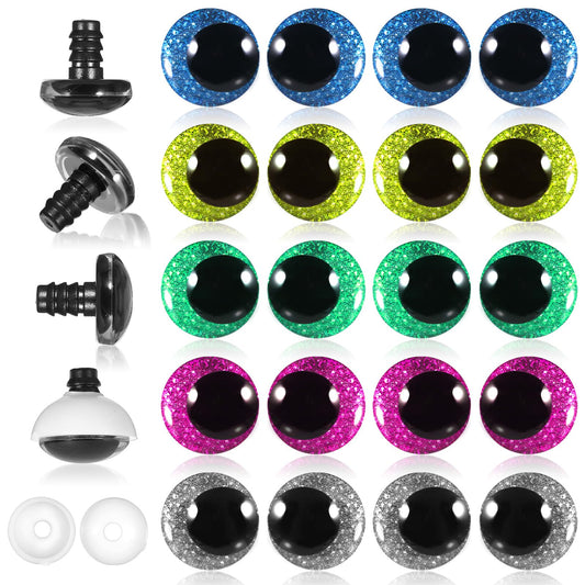 20pcs Glitter Safety Eyes for Amigurumis 18 mm Plastic Safety Eyes with Washers Colored Craft Eye Large Crochet Safety-Eye for DIY Plush Stuffed Animals Doll Bear Making (5 Colors)