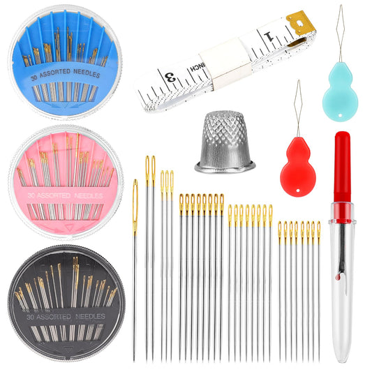 90 PCS Assorted Premium Hand Sewing Needles, Yarn Knitting Needles with 2 Threaders, Embroidery Stitching Needles Kit with Thread Removal Knife, Measure Tape, Thimble for Art Crafts Hand Sewing Repair