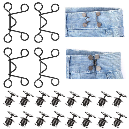 Pant Waist Tightener, 4Pcs Adjustable Jean Buttons for Loose Jeans Pants Clips to Tighten Waist No Sewing Waist Buckle Set Waistband Tightener Button Adjuster for Pants, Jeans, Skirts, Sleeves (Black)