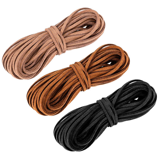 3 Bundles Suede Cord 11 Yards Faux Leather Cord Natural Flat Leather Cord Suede Leather Flat Faux Leather Cords String Rope Thread Leather Cord for Jewelry Making DIY Crafts Black Light Brown Camel
