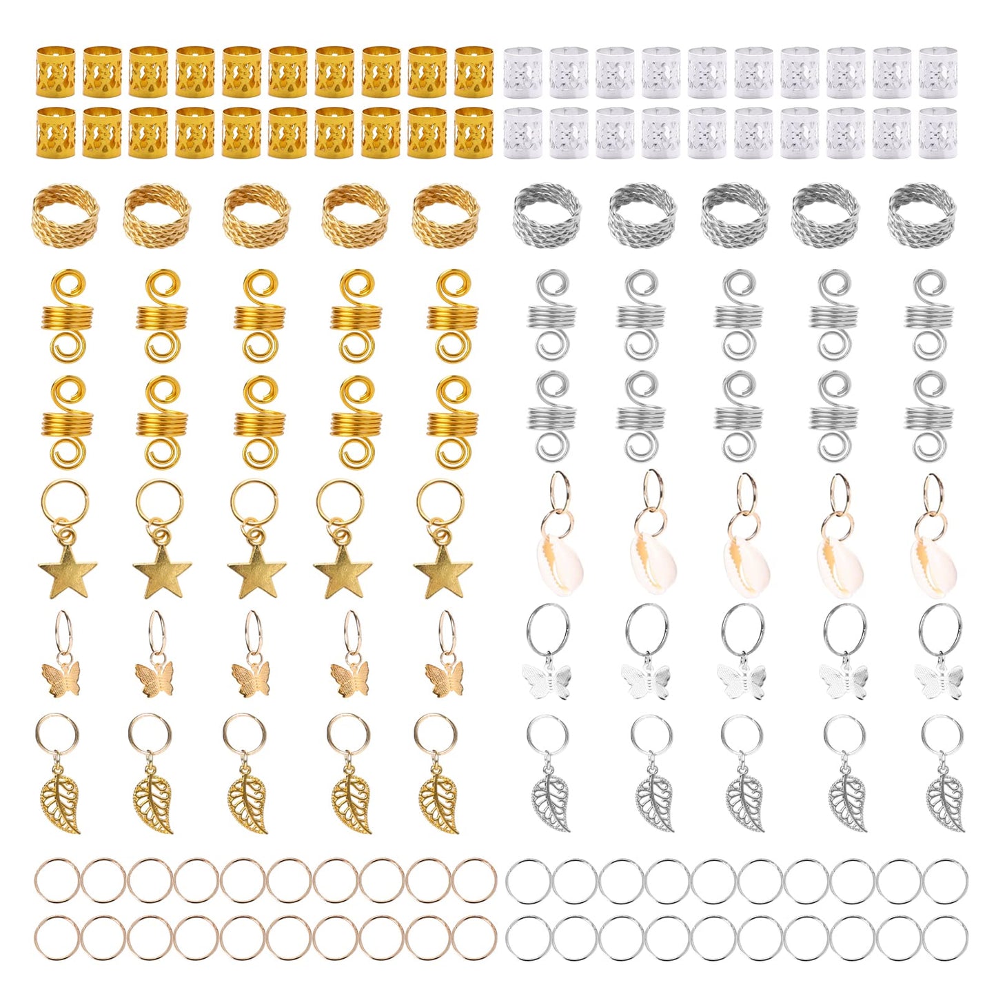 140 PCS Jewelry for Women Braid Jewelry Hair Dreadlocks Hair Beads Butterfly Clips Gold and Silver Hair Cuffs Rings Star Shells Charms for Hair Decoration Hair Jewelry Accessories for Women Braids
