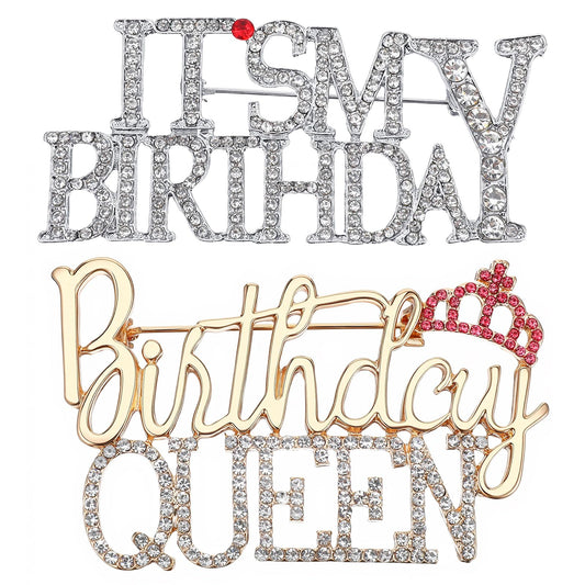 2pcs Birthday Queen Brooch Pins for Women It's My Birthday Rhinestone Brooches Zinc Alloy Happy Birthdays Brooches Badge Pin Button Rhinestone Crown Lapel Brooch for Birthdays Party Decoration