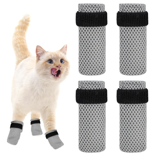KALIONE Cat Boots, 4 Packs cat Claw Covers, Black Anti Scratch Cat Mittens, Breathable Mesh Cat Foot Covers, Adjustable Cat Claw Protectors for Indoor Cats Pet Bathing Cutting Nails,Grey