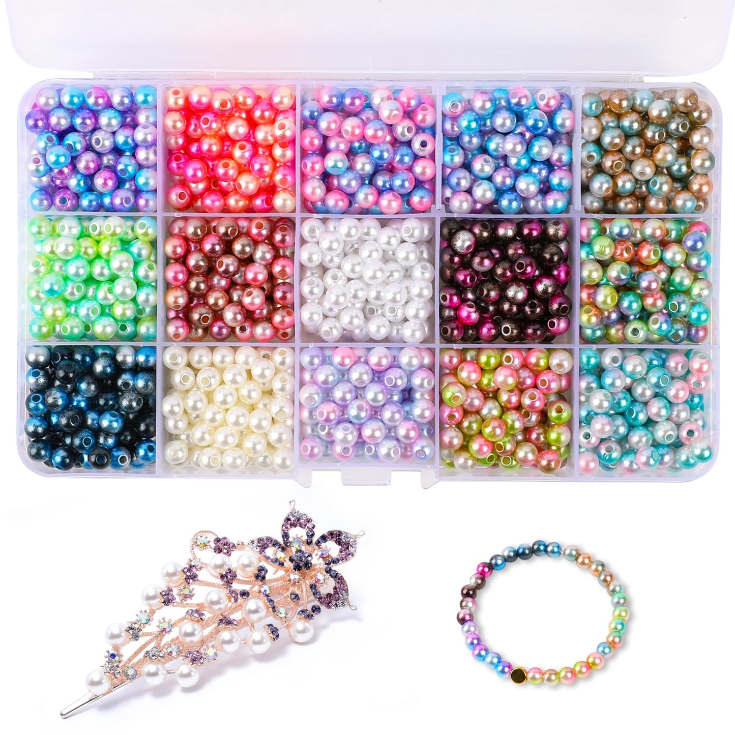15 Colors Pearl Beads, 1200 PCS Pearl Beads for Jewelry Making, Round Bracelet Making Beads, 6mm Faux Spacer Pearl Beads, Mixed Gradient Beads with Hole for Bracelet Necklace Jewelry Crafts DIY Making
