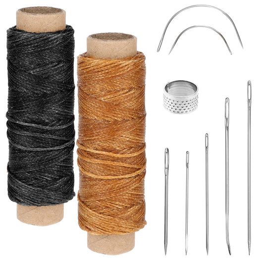 2 Rolls Leather Yarn Black Waxed Thread with Leather Needle Saddle Needle 50 m Roll Sewing Thread Brown Saddle Yarn Wax Cord for Leather Crafts Bookbinding Repair Crochet