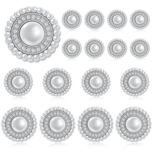 KALIONE 16 Pieces Faux Rhinestone Pearl Buttons Retro Metal Diamante Buttons Vintage Sew on Clothing Buttons 3 Sizes Round Flatback Crystal Pearl Buttons Embellishments for DIY Crafts Sewing(Silver)