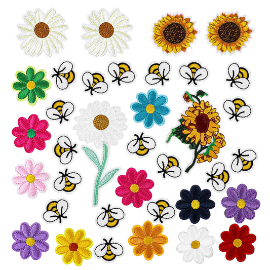 36pcs Embroidered Flowers Bee Iron on Patches Flower Patches Sunflower Daisy Patch Cute Vintage Patches Sew on Embroidered Appliques Patch Decoration Sewing Patches for Clothes Hats Jackets Jeans Bags