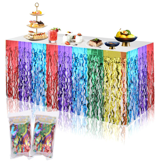 2 Pack Wavy Rainbow Table Skirts Fiesta Party Decorations Rainbow Party Decorations Rainbow Tablecloth Mexican Theme Party Decorations Rainbow Decorations Rainbow Metallic Foil Tinsel Table Skirts