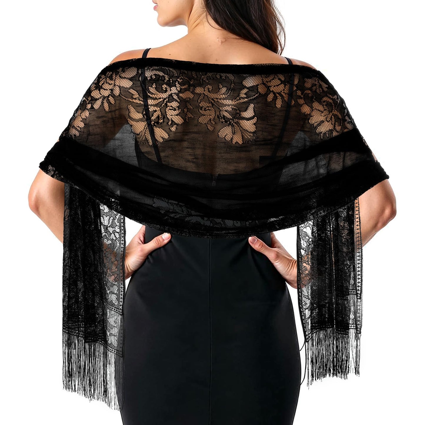 Black Lace Shawl Women's Floral Lace Scarf Shawl with Tassels for Evening Party Wedding