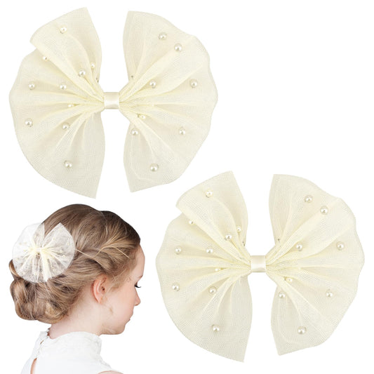 2 PCS Wedding Flower Hair Bows Clips Ivory Girls Veil Tulle Bow Hair Clips with Pearl Veil Hair Bow Accessories for Toddler Girls, Birthday, Halloween, Thanksgiving