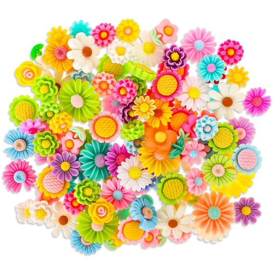 100PCS Mini Resin Flowers for Crafts Flatback Flower Daisy Charms Beads Cabochons Mixed Colors Flower Resin Charms for DIY Scrapbooking Card Embellishments Jewelry Making Hair Clip Case Decorations