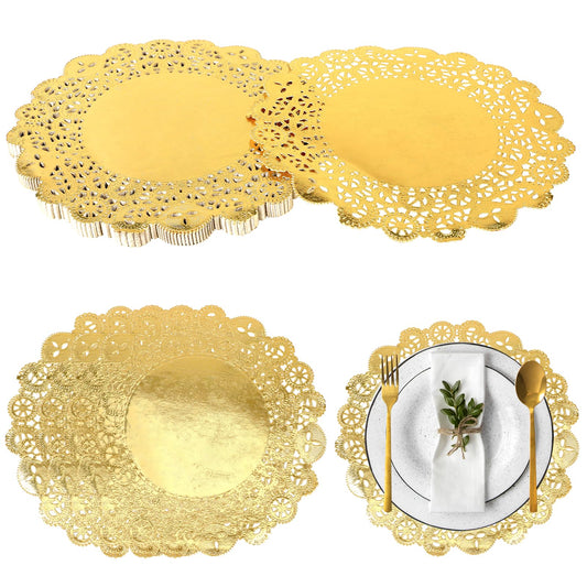 Mozeat Lens Gold Doilies 100 Pack 7.5 Inch Round Gold Paper Placemats Lace Paper Doilies Decorative Doily for Dining Table Cake Dessert Crafts Christmas Party Wedding Tableware Decor