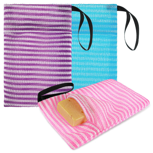 3 Pack Exfoliating Soap Bags Soap Bar Holder Saver Stripes Soap Saver Body Scrubber Pouch Mesh Soap Saver Pouch for Foaming & Drying Soap Bags