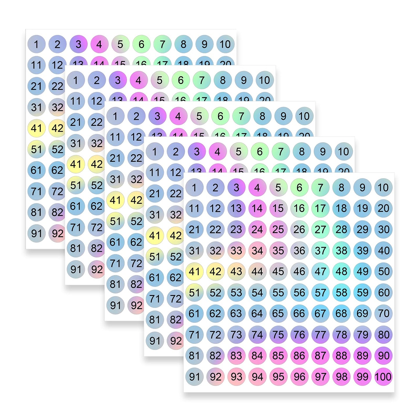 5 Sheets Color Consecutive Number Stickers 1-100, Round Reflective Numbered Sticker Small, Number Stickers Labels, Self-Adhesive Numbered Sticker for Office, Home, Classroom, Storage Organizing