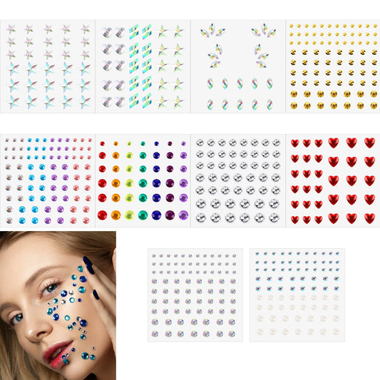 10 Sheets Face Jewels, Festival Face Gems Rhinestones for Makeup, Self Adhesive Rainbow Heart Dots Crystal Glitter Stickers Stick On Face Gems for Festivals Women Eye Hair Body Makeup