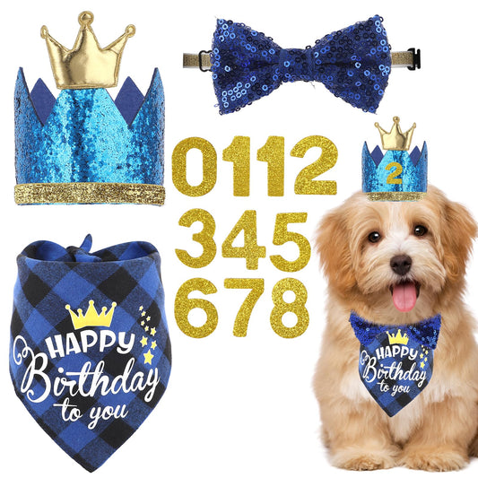 Dog Birthday Hat Bandana, Dog Birthday Crown with Numbers Dog Birthday Bandana Bow Tie Cat Birthday Hat Dog Party Hat Dog Birthday Decorations Dog Birthday Outfit for Dog Birthday Party Supplies, Blue