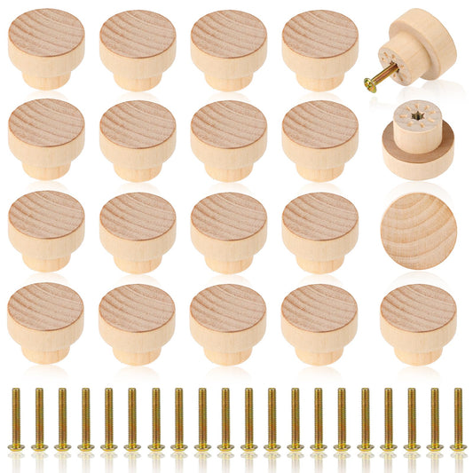 16Pcs Round Unfinished Wood Dresser Knobs Wood Knobs Flat Top Round Cabinet Knobs Mushrooms Shape Drawer Knobs Pulls for Cabinets, Cupboard (1-3/8" Diameter, 1" Height)