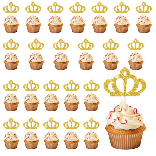 24 Pack Gold Crown Cupcake Toppers Princess Birthday Topper, Glitter Crowns Picks for Birthday Decoration, Queen Crown Cupcake Decors for Princess Party Birthday Baby Shower Wedding Decoration