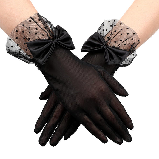 Mozeat Lens Lace Gloves, Black Gloves Women Formal Tea Party Gloves Floral Tulle Lace Short Mesh Gloves Elegant Vintage Dress Accessories for Evening Wedding Prom Sun Protection Funeral Dinner Party