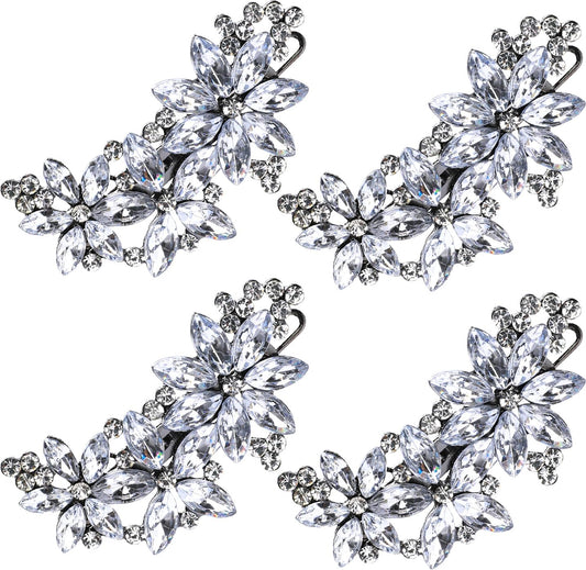 4 Pcs Rhinestone Hair Clips, Silver Hair Clips, Crystal Flower Bridal Hair Clips Hair Barrettes, Crystal Hairpin for Women, Hair Accessories for Bride Wedding, Wedding Hair Clips