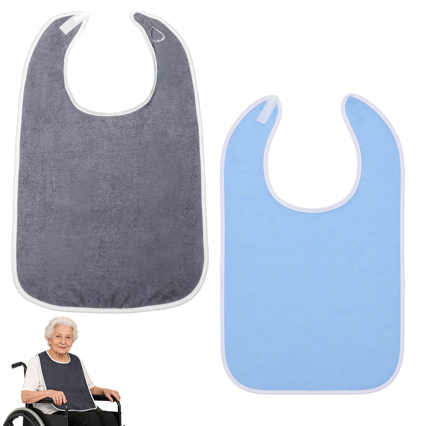 Qulkws 2 Pcs Adult Bibs for Eating, Waterproof and Washable Bib for Eating, Reusable Clothing Protector Bibs, Terry Cloth Bib, Adjustable Dining Bibs for Seniors, Elderly, Disabled (Grey+Blue)