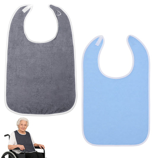 Qulkws 2 Pcs Adult Bibs for Eating, Waterproof and Washable Bib for Eating, Reusable Clothing Protector Bibs, Terry Cloth Bib, Adjustable Dining Bibs for Seniors, Elderly, Disabled (Grey+Blue)