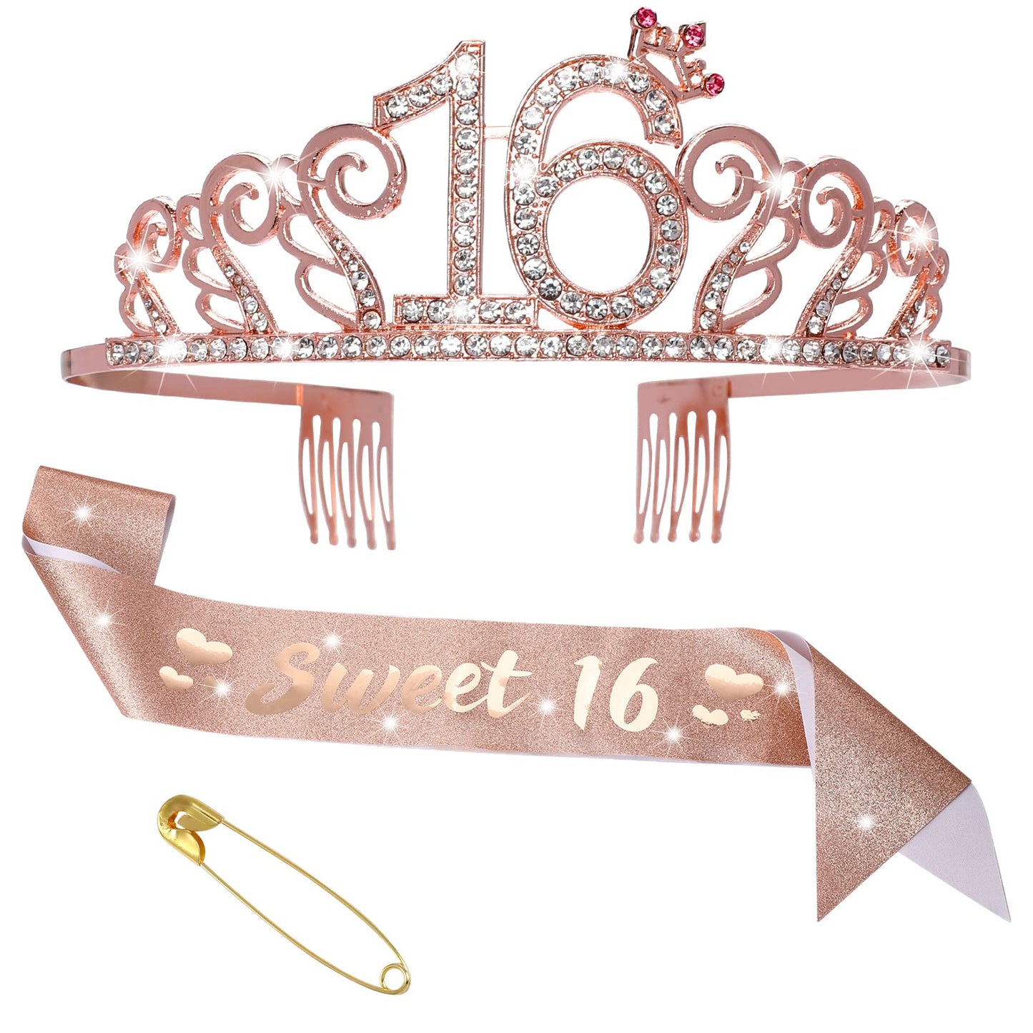 Sweet 16 Birthday Decorations for Girls,16th Birthday Sash and 16 Birthday Tiara, Rose Gold Sweet 16 Birthday Gift for Girls, Rhinestone Crown Headband for Girl 16th Birthday Party Accessories