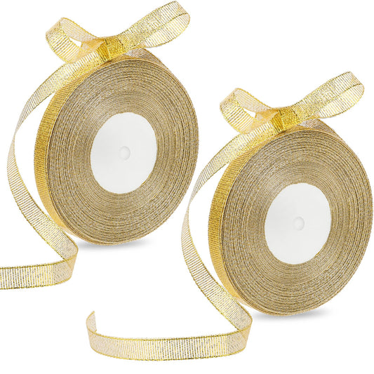 2 Roll Gold Glitter Ribbon 100 Yards Gold Satin Ribbon 3/8 Inch Thin Solid Fabric Ribbon Double Faced Silk Like Ribbon Gold String Gold Fabric Ribbon for Gift Wrapping Decoration Floral Bouquet
