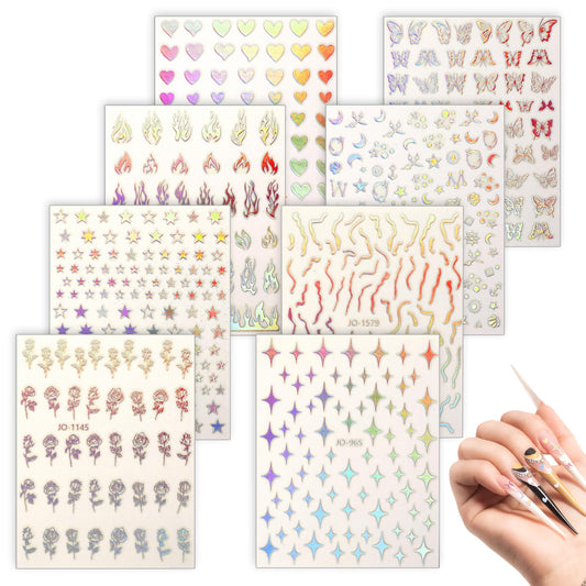 8 Sheets Aurora Holographic Nail Art Stickers 3D Holographic Nail Decals Butterfly Nail Art Stickers, Self Adhesive Nail Art Stickers, Holographic Star Moon Flower Nail Supplies