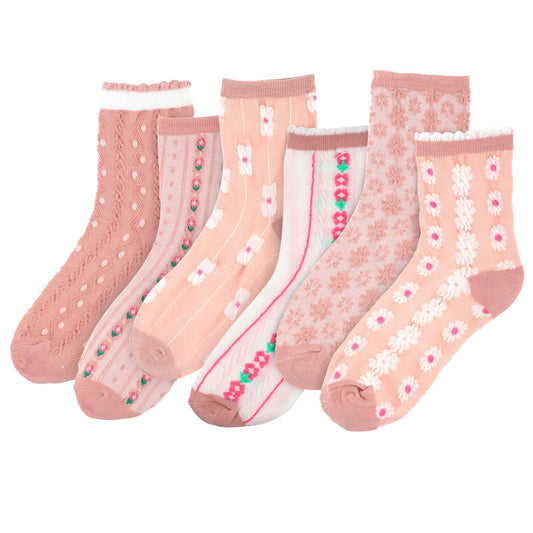 KALIONE 6 Pairs Floral Socks Women Vintage Embroidered Floral Socks for Women, Cotton Crew Socks Pretty Ruffle Frilly Lace Socks Women Pink Flower Socks Casual Dress Socks