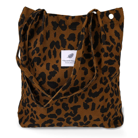KALIONE Tote Bag for Women, Tote Bag with Compartments, Cute Tote Bag with Buckle, Corduroy Shoulder Tote Purse Gift for Women Girls(leopard print)