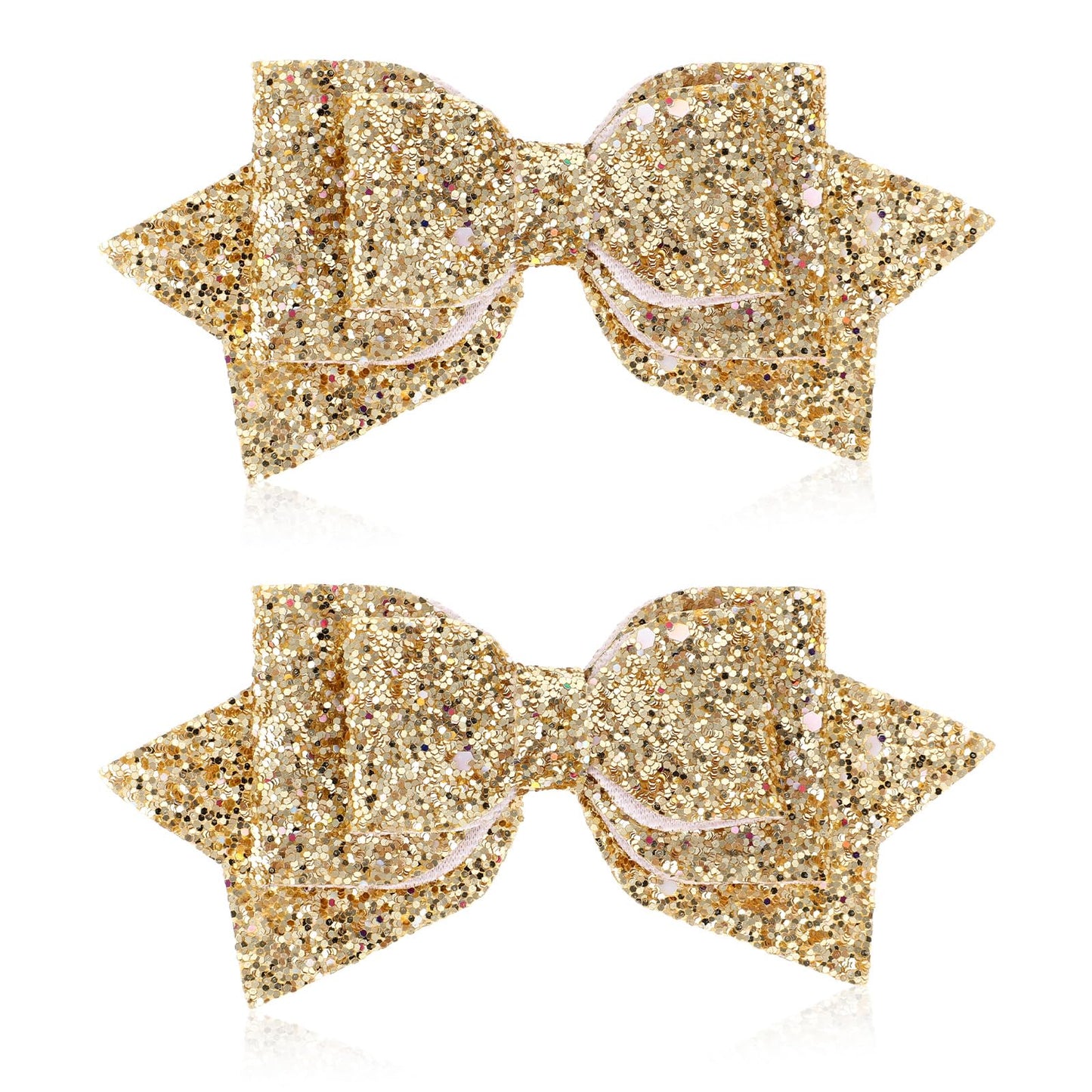 2 Pcs Gold Hair Bow Clips, 5 Inch Glitter Hair Bows for Girls Sparkly Double Bowed Accessories Glitter Sequin Boutique Head Clip Delicate Satin Headwear Set for Birthday Wedding Party Back School Gift