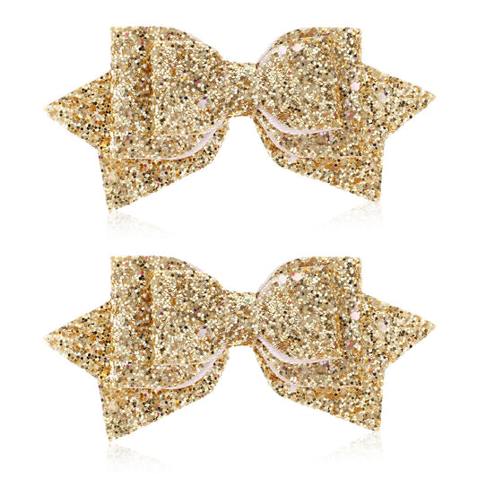 2 Pcs Gold Hair Bow Clips, 5 Inch Glitter Hair Bows for Girls Sparkly Double Bowed Accessories Glitter Sequin Boutique Head Clip Delicate Satin Headwear Set for Birthday Wedding Party Back School Gift