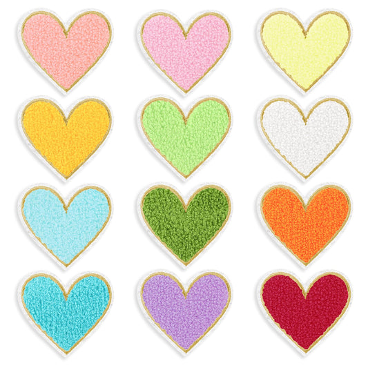 Heart Iron-On Patches, Pack of 12 Colourful Embroidered Badges, Embroidered Patches, Heart Embroidered Patches, Iron-On Repair Applique, DIY Decorative Patches for Jeans, Clothing, Hats, Backpacks