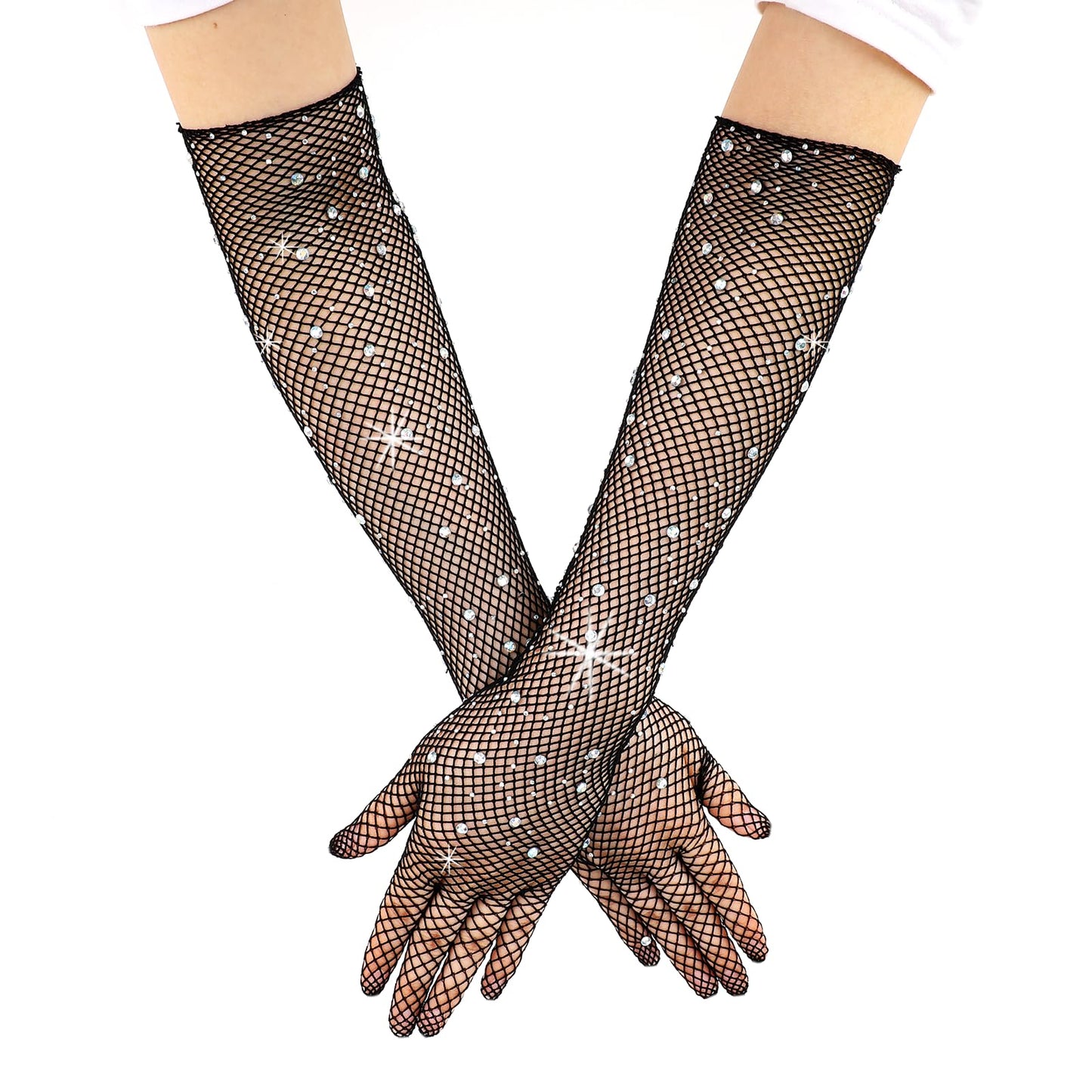 Women Rhinestone Fishnet Gloves Sparkly Gloves, Rhinestone Long Fishnet Gloves, Sheer Rhinestone Gloves Women Long Gloves, Mesh Glitter Gloves, Sheer Bridal Gloves Wedding Gloves(1 Pair Black)