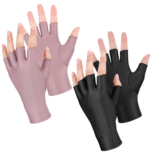 Hariendny 2 Pair UV Gloves for Gel Manicures, UV Protection Gloves for Manicures Skin Care, UPF 50+ Anti UV Gloves for Gel Nail Lamp(Pink&Black)